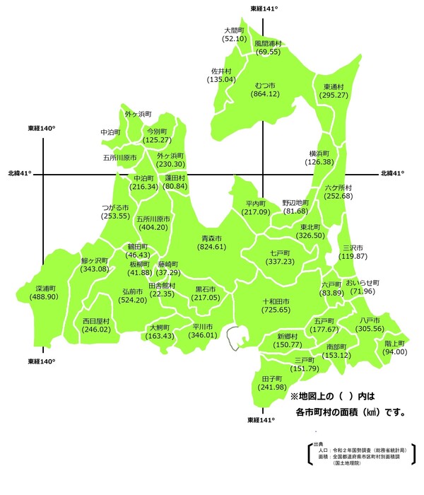 図:青森県地図と市町村毎の面積