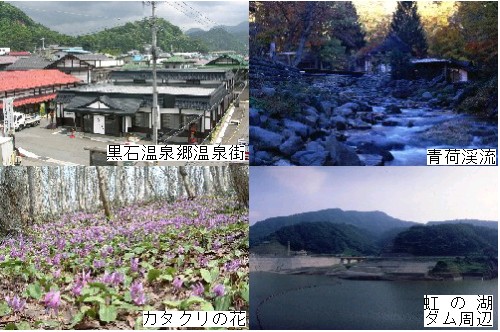 黒石温泉郷温泉街、青荷渓流、カタクリの花、虹の湖ダム周辺 黒石温泉郷温泉街、青荷渓流、カタクリの花、虹の湖ダム周辺