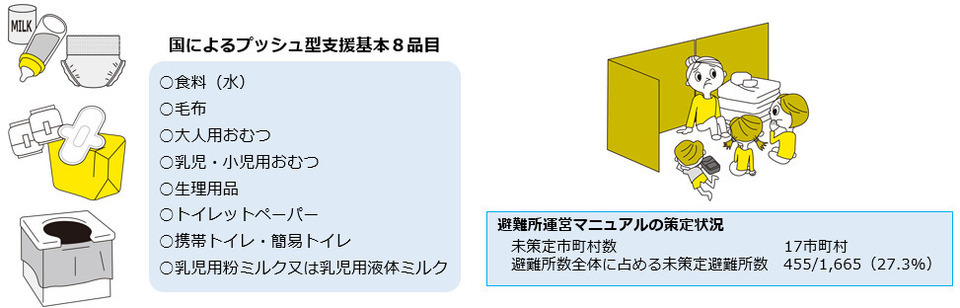 国によるプッシュ型支援基本8品目、避難所運営マニュアルの策定状況等